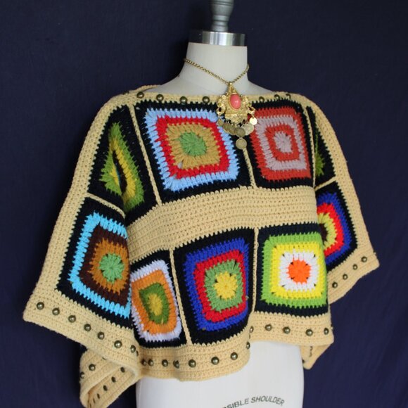 Hand crafted Granny Square Blanket poncho tunic crochet sweater free people - Picture 5 of 10